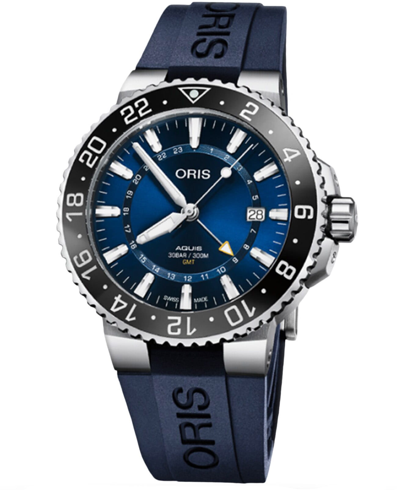 Oris Oris Aquis Gmt Date 01 798 7754 4135-07 4 24 65EB  01 798 7754 4135-07 4 24 65EB механические мужские часы синий циферблат, браслет каучук — вид спереди